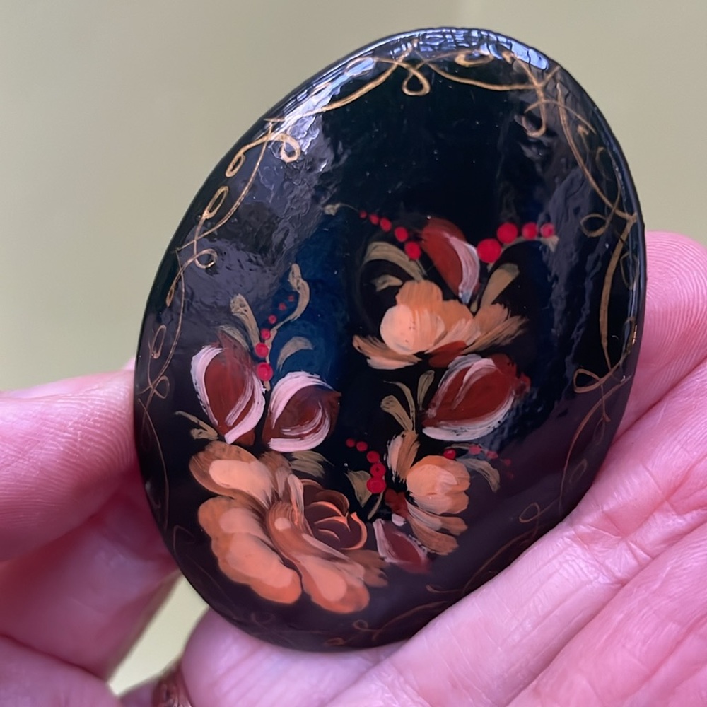 Vintage multicolored handmade and hand painted varnished wooden brooch